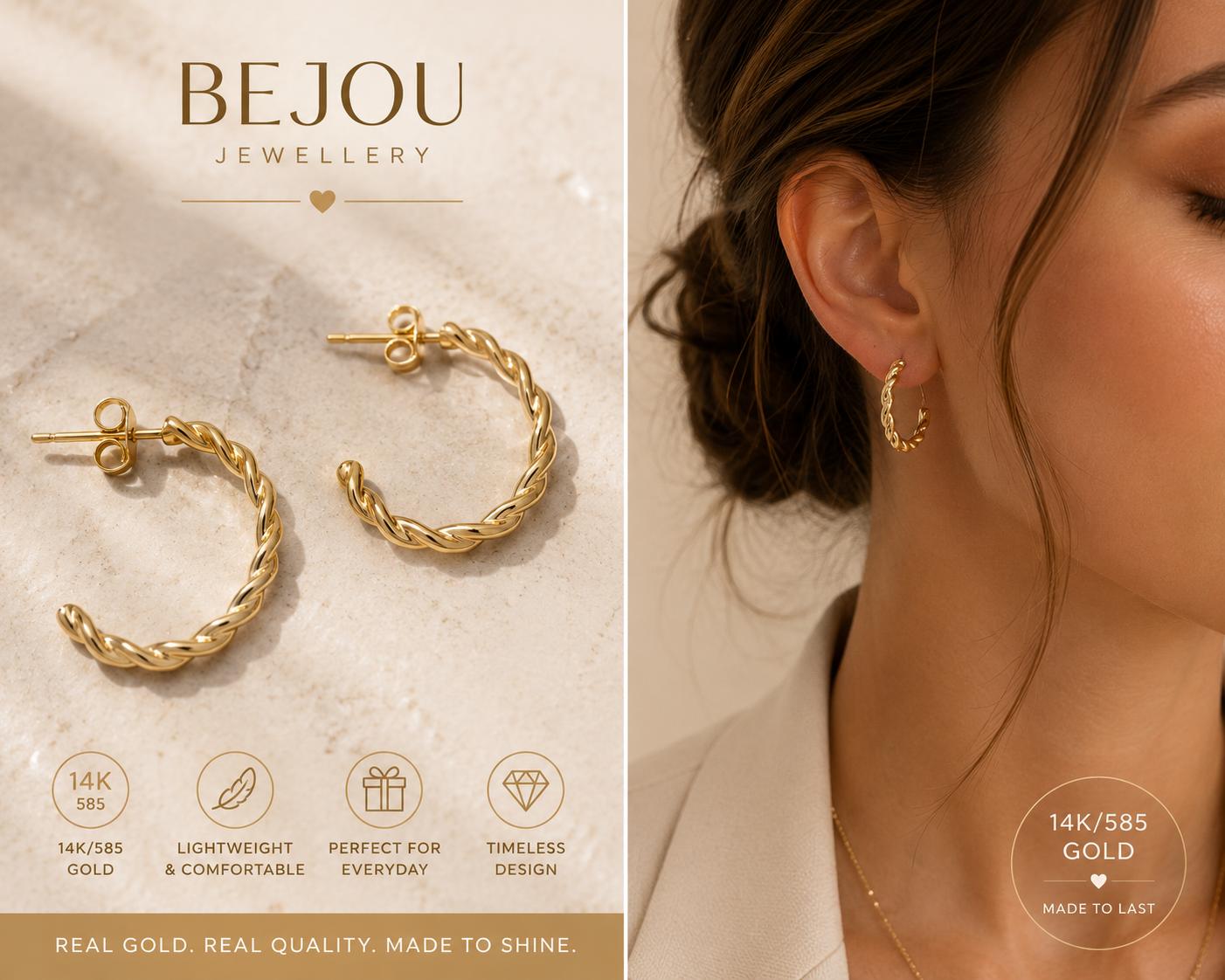 14K / 585 Gold Twisted Hoop Earrings – 2 cm