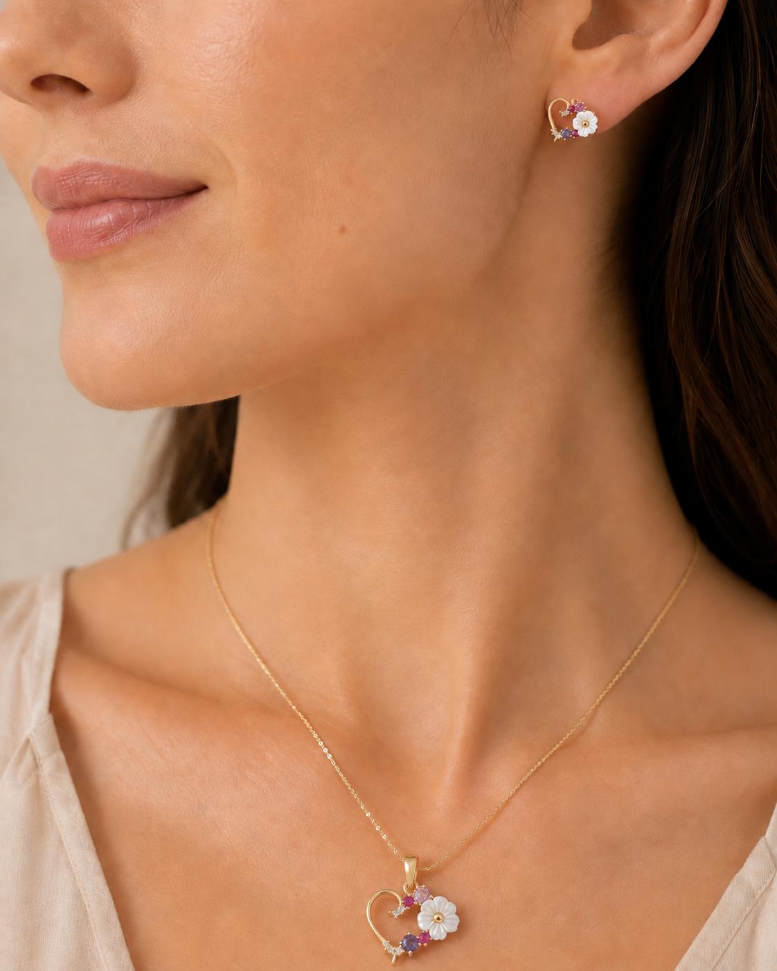 14K Gold Floral Heart Jewellery Set – 585 💕🌸